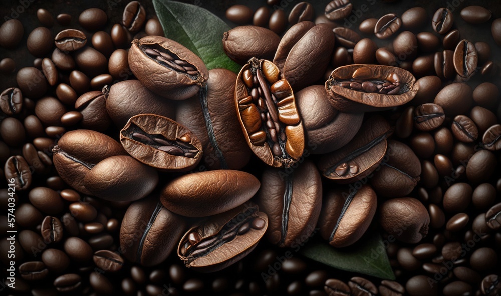  a pile of coffee beans with leaves on top of them on a black background with a green leaf on top of