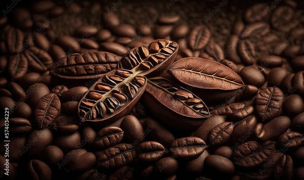  a pile of coffee beans with a leaf on top of them and coffee beans scattered around it on a dark ba