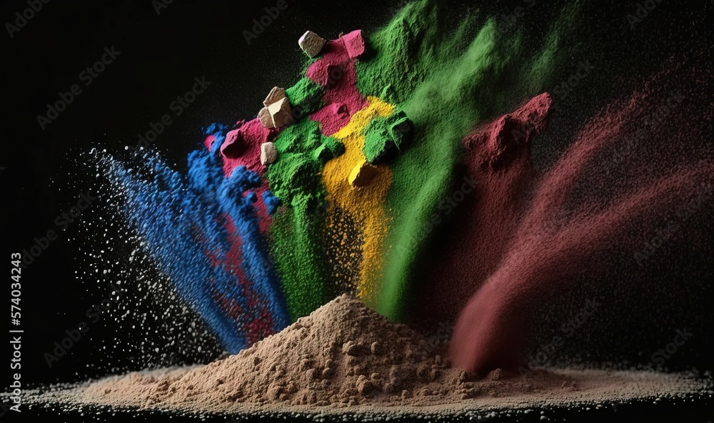  a pile of colored powder with a rainbow of colors coming out of the top of the pile of powder on th