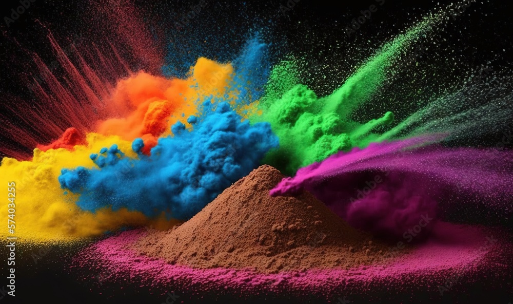  a group of colored powders are in a pile on a black background with a splash of water on top of the