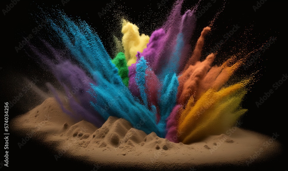  a group of colored powder exploding in the air on a black background with a black background and a 