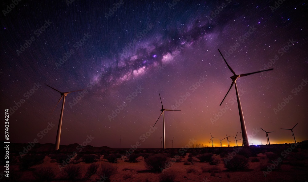  a group of windmills in a desert under a night sky filled with stars and the milky in the distance 