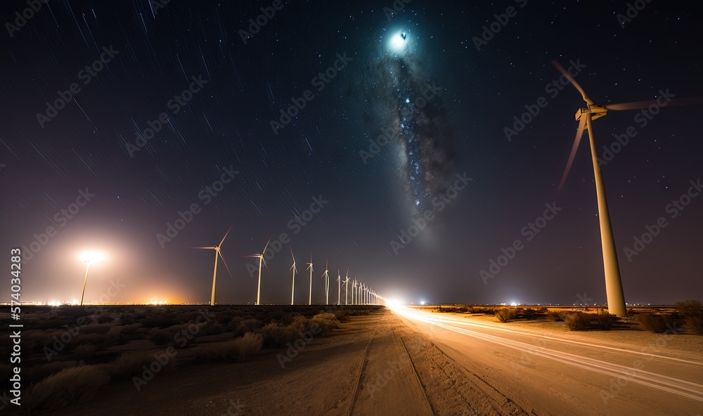  a dirt road with a bunch of windmills in the distance and a star filled sky in the distance with st