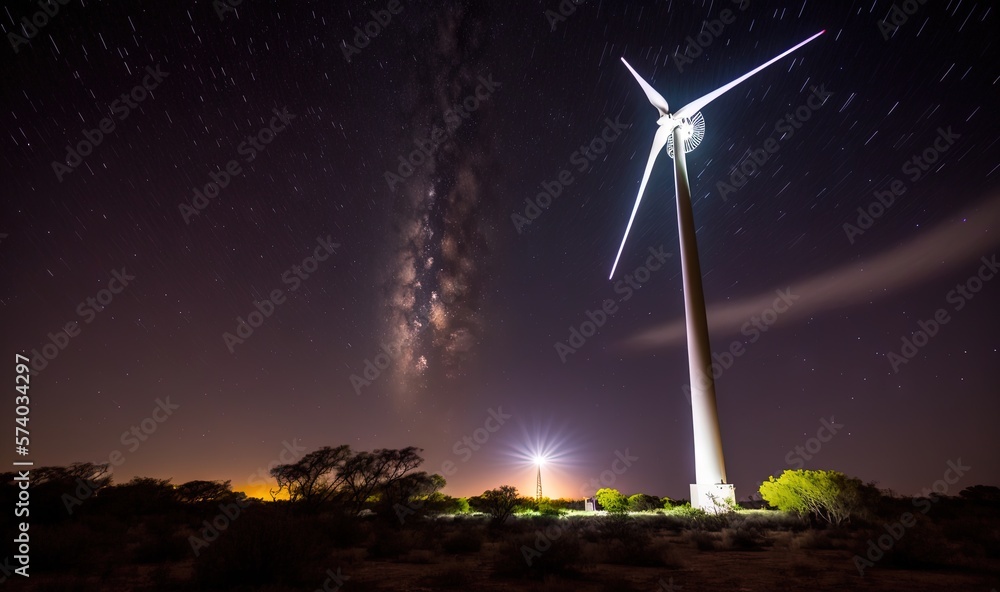  a wind turbine in the middle of a field with a sky full of stars in the background and a night sky 