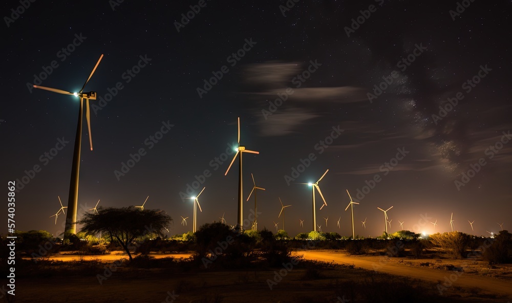  a group of windmills lit up at night in a desert area with a dirt road in front of them and a few t