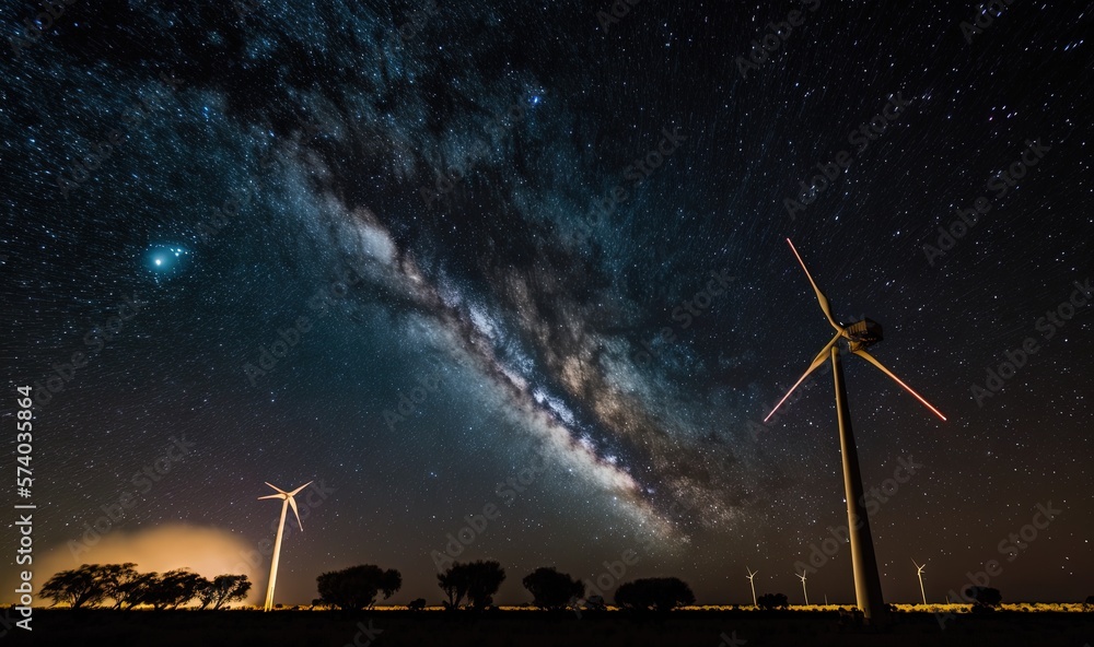  a windmill and some trees under a night sky with stars and the milky in the distance with a few sta