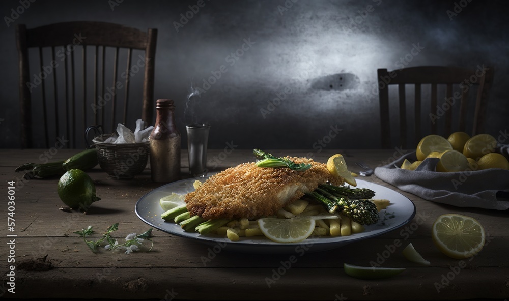  a plate of food on a table with lemon wedges and a glass of water on the table next to it and a woo