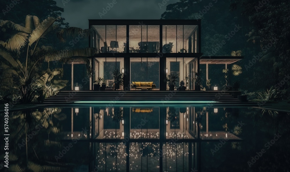  a house with a pool in the middle of it at night with lights on the windows and a couch in front of