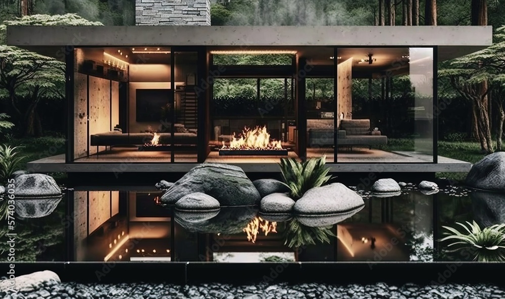  a modern house with a pond and rocks in the foreground and a fire place in the background, surround