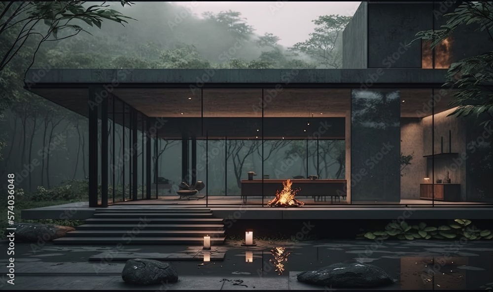  a modern house with a fire pit in the middle of the yard and a forest in the background of the hous