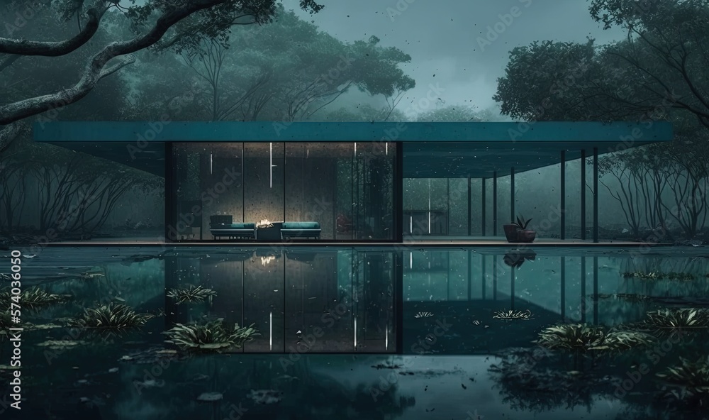  a house in the middle of a forest with a pool in the middle of the room and a couch in the middle o