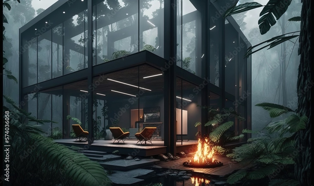  a house in the middle of a forest with a fire in the middle of the room and a fire pit in the middl