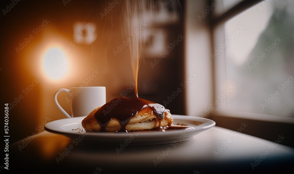  a plate with a pastry and a cup of coffee on a table in front of a window with a light coming throu