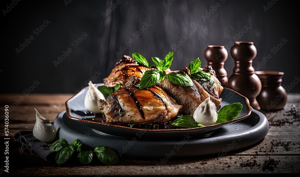  a plate of food with meat and vegetables on a wooden table next to a vase of flowers and a salt sha