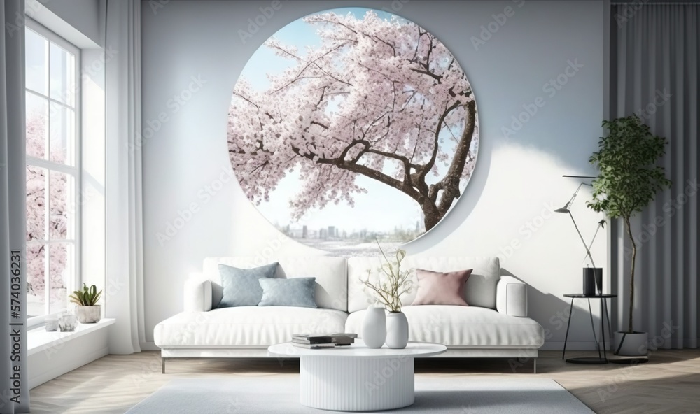  a living room with a white couch and a large circular mirror on the wall above the couch is a tree 