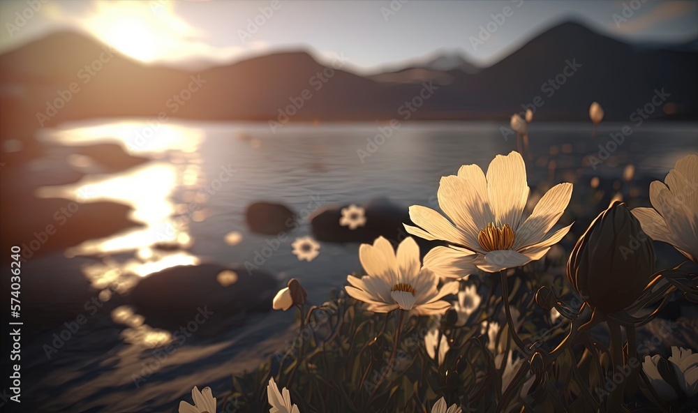  a bunch of flowers that are by a body of water with a mountain in the background and a sun setting 