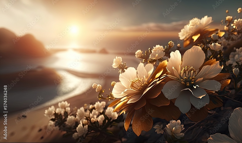  a painting of flowers on a beach with the sun setting in the distance behind them and a body of wat