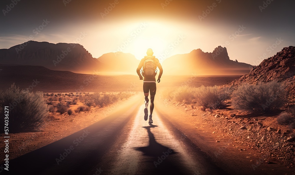  a man running down a dirt road in the desert at sunset with the sun behind him and mountains in the