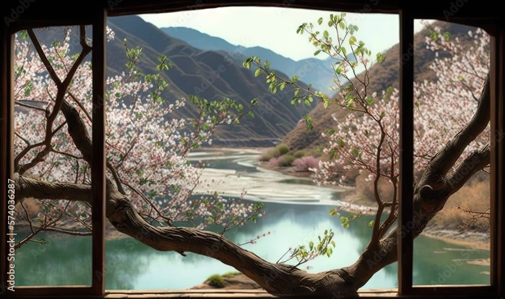  a window with a view of a river and mountains outside of it, with a tree in the foreground and a ri