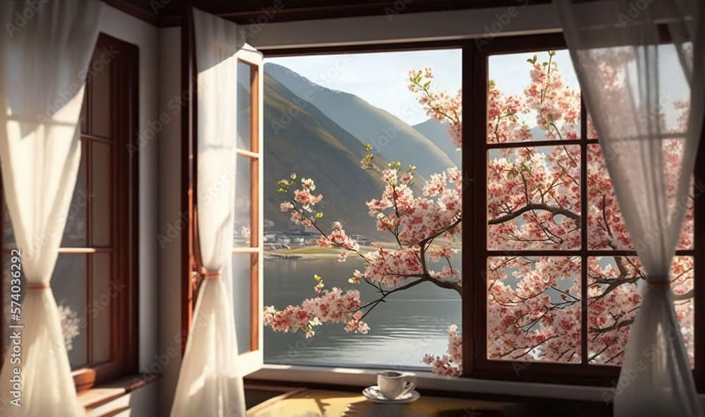  a window with a view of a lake and a flowering tree outside of it, with a tea cup on a table in fro