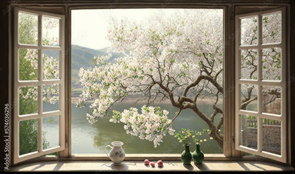  an open window with a view of a tree and a lake in the distance and a vase with flowers in front of