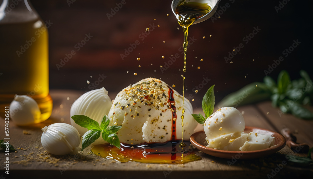 Mozzarella cheese with olive oil. Tasty condiments, italian vegetarian breakfast, ai generated