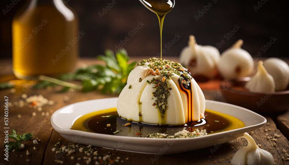 Mozzarella cheese with olive oil. Tasty condiments, italian vegetarian breakfast, ai generated