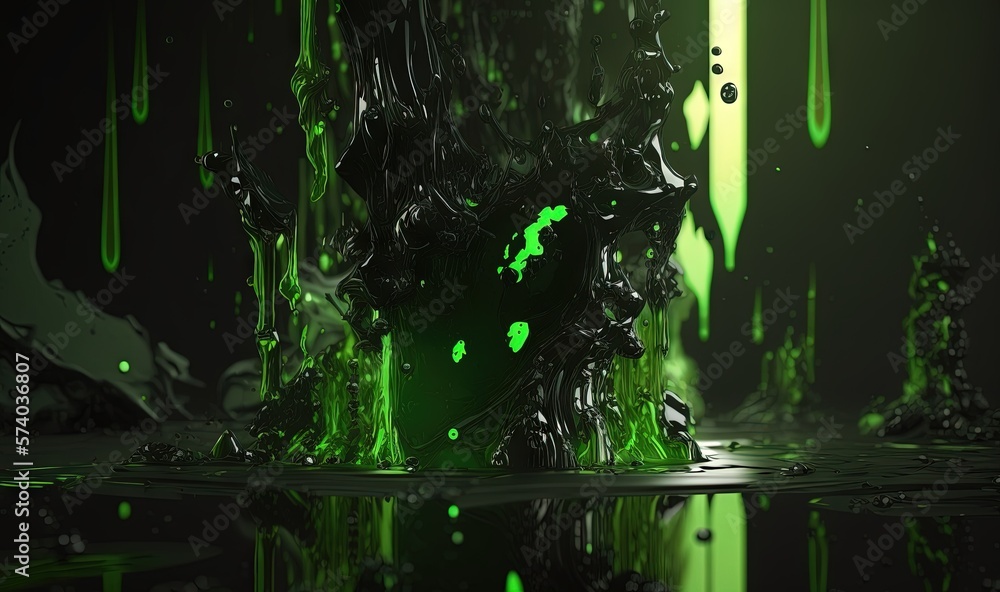  a green and black abstract background with a clock in the middle of the image and a reflection of t