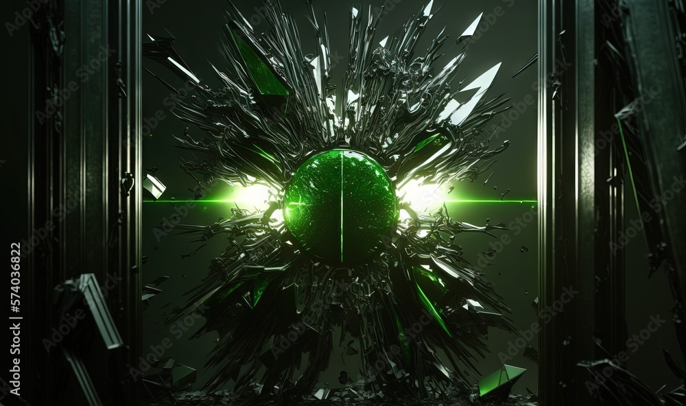  a green and black abstract object with a green light coming out of the center of its centerpiece, 