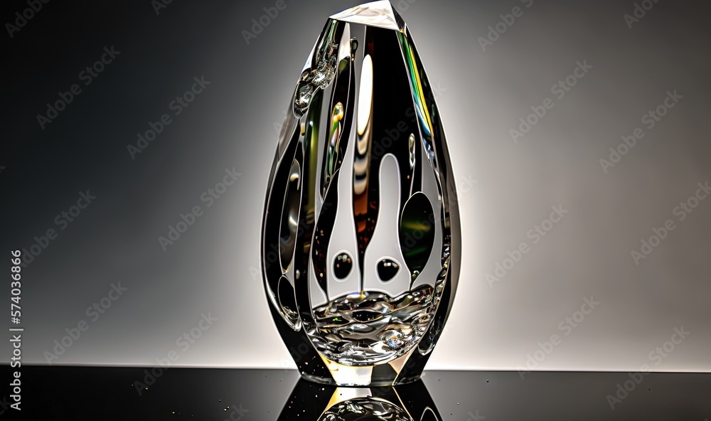  a clear glass vase with a black and white design on the bottom of it, on a black surface, with a re