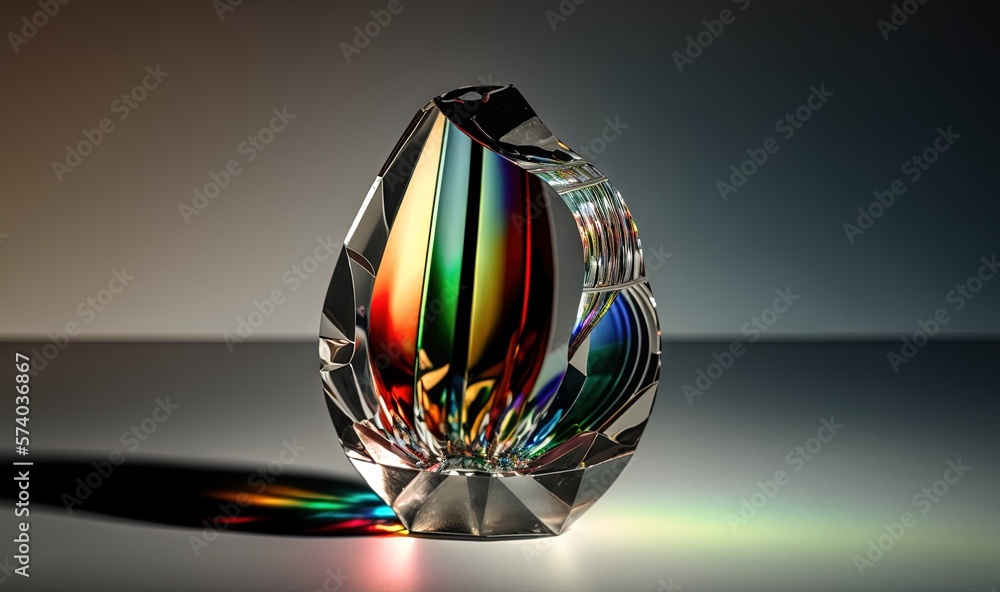  a colorful glass object sitting on top of a table next to a shadow of a persons shadow on the floo