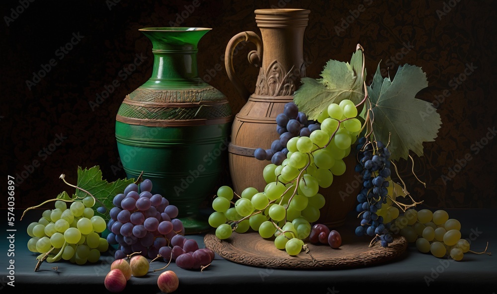  a painting of grapes and a vase on a table next to a plate of grapes and a vase on a table with a g