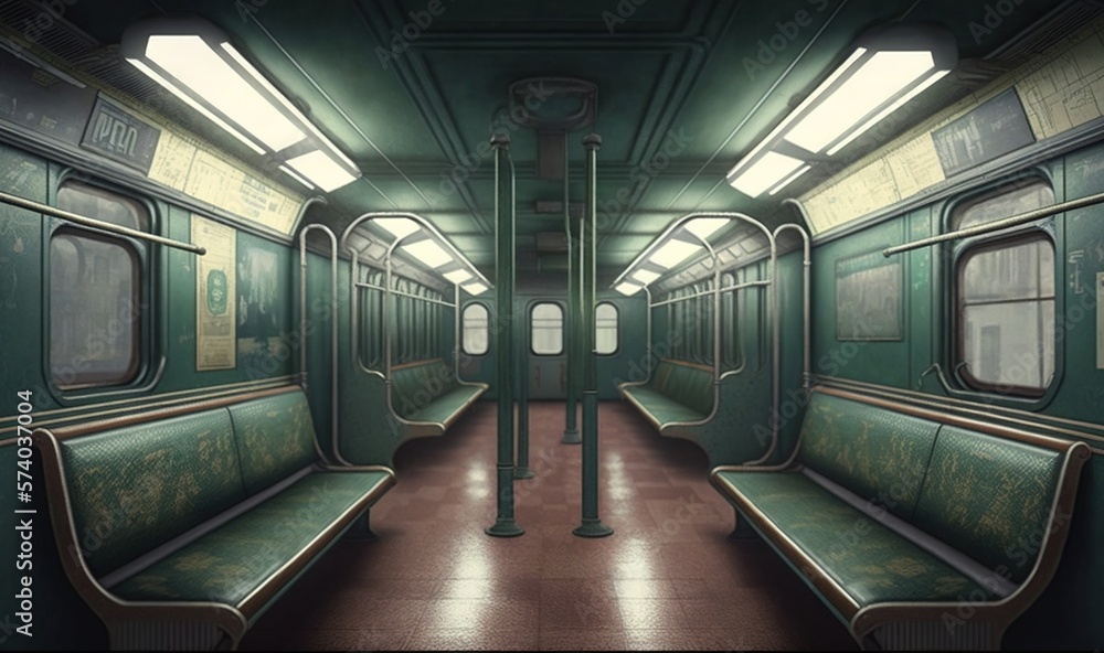  a subway car with green seats and windows and a light at the end of the car is a lamp post and a li