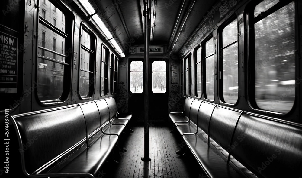  a black and white photo of a train with empty seats and a window in the middle of the train is a bl