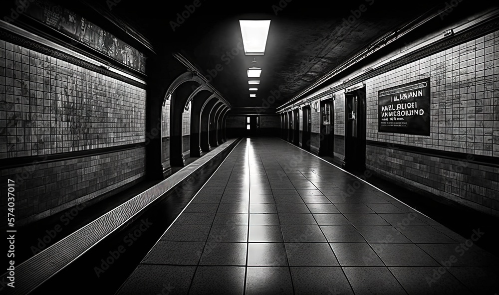  a long hallway with a sign on the wall and a light above the entrance to a subway station in black 