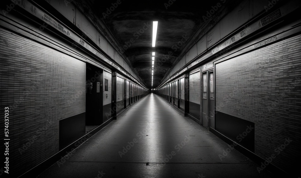  a long hallway with a light at the end of the tunnel and a door at the end of the hallway leading t