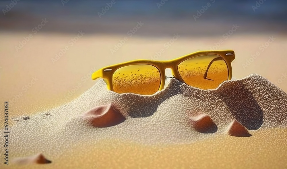  a pair of yellow sunglasses sitting on top of a sandy beach covered in sand and rocks, with a blue 