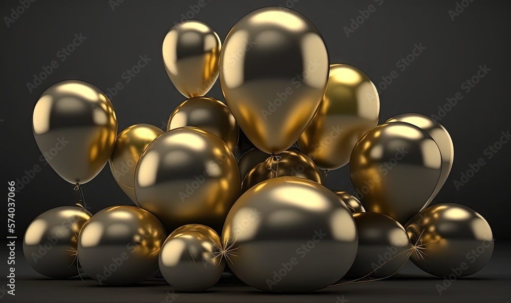  a bunch of gold balloons are stacked on top of each other on a black surface with a black backgroun