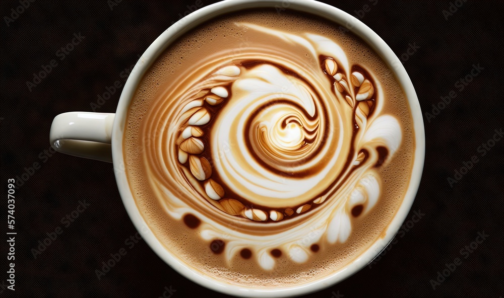  a cup of coffee with a swirl in the foamy foamy liquid in the shape of a spiral on top of the foamy