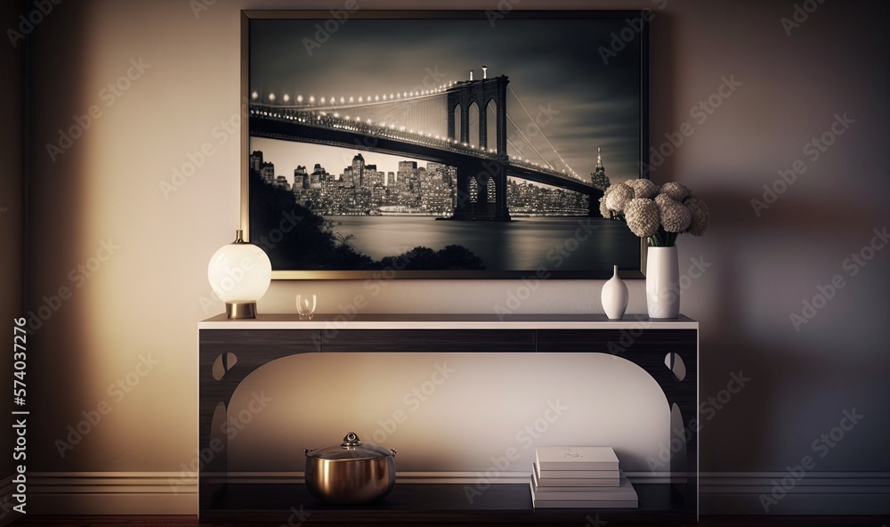  a picture of a bridge hangs above a console with a vase of flowers and a vase of flowers on top of 