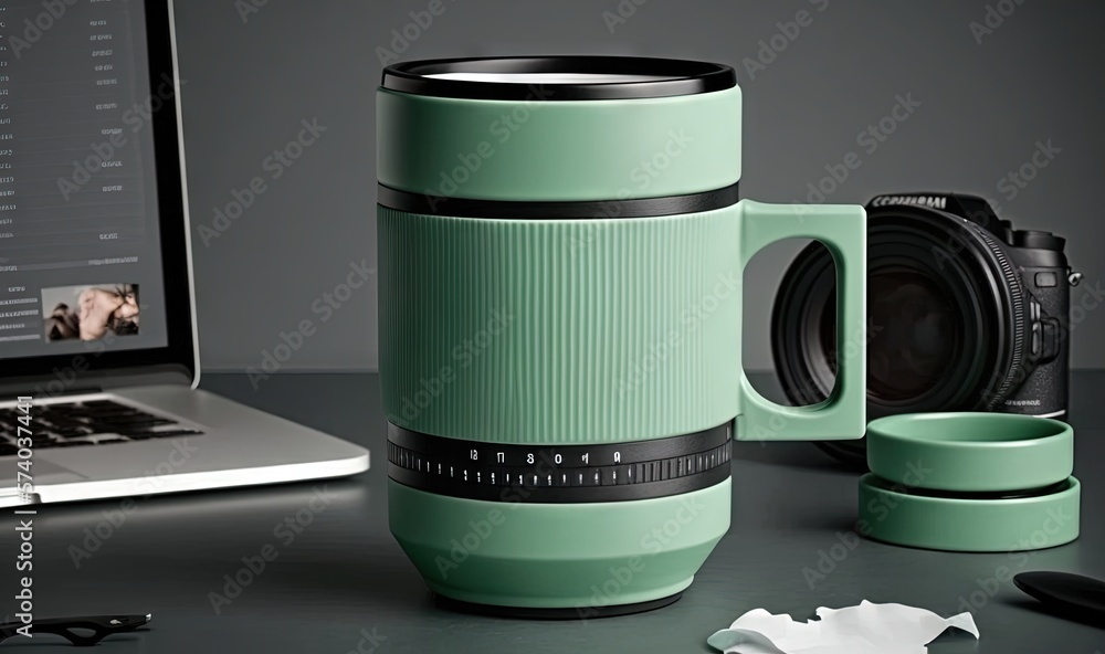  a camera lens sitting next to a laptop and a cup of coffee on a desk with a pen and a laptop on the