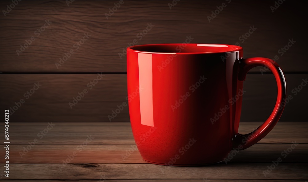  a red coffee cup sitting on top of a wooden table next to a wooden wall and a wooden floor with a w