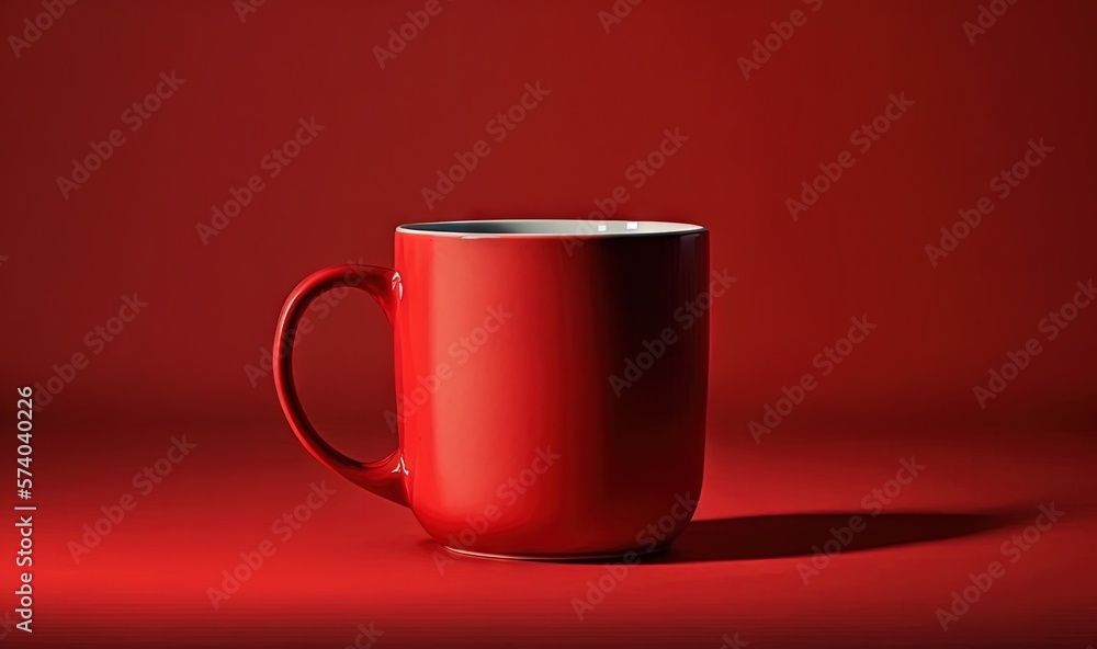  a red coffee mug sitting on a red surface with a shadow on the ground and a red background behind i