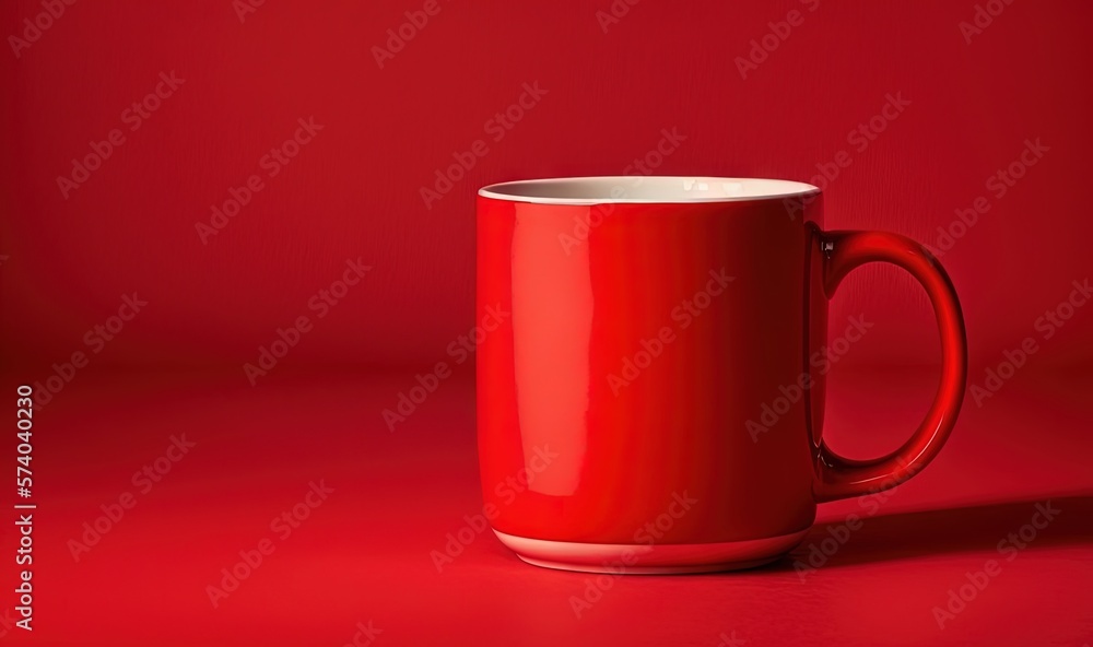  a red coffee mug sitting on a red surface with a red wall in the background and a red wall in the f