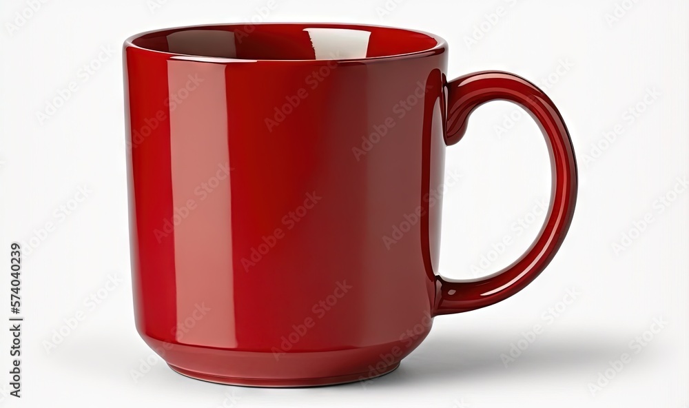  a red coffee mug with a white stripe on the inside of it, on a white background, with a reflection 