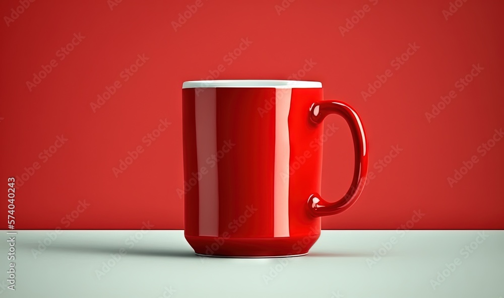  a red coffee cup sitting on top of a white table next to a red wall and a red wall in the backgroun