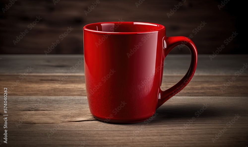  a red coffee cup sitting on top of a wooden table next to a wooden wall and a wooden floor with a w