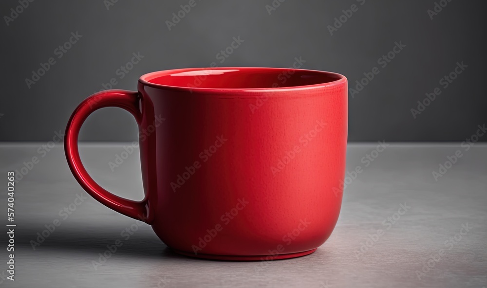  a red coffee cup sitting on top of a table next to a black wall and a gray floor with a black wall 