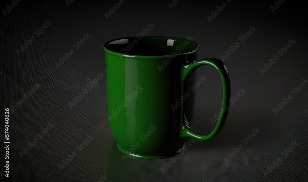  a green coffee mug sitting on top of a black table next to a black wall and a black floor with a wh