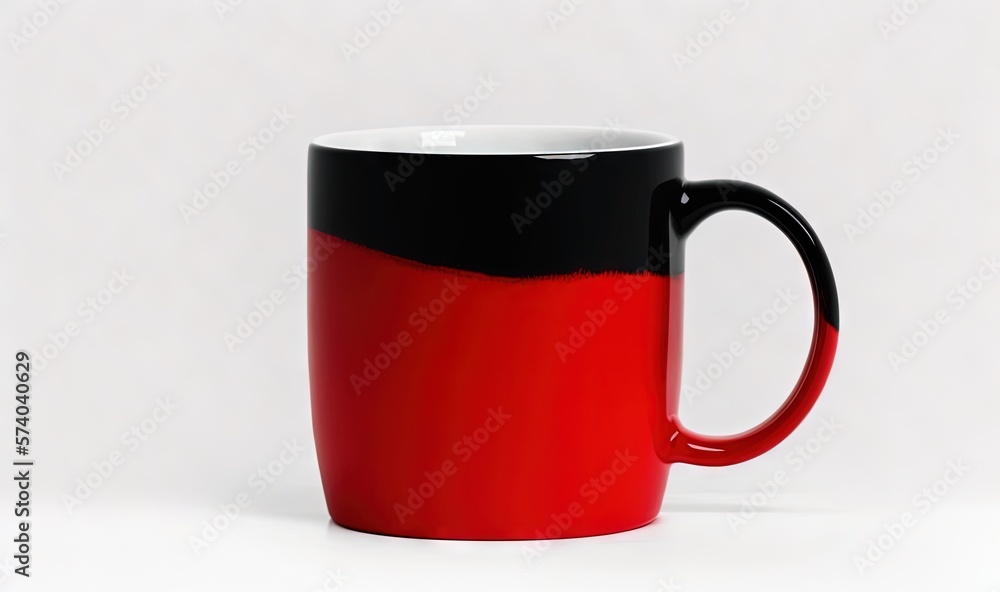  a red and black coffee mug sitting on a white surface with a white background and a black and red s